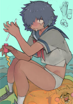 1girl commentary drooling hair_over_one_eye mouth_drool nazo_no_kanojo_x panties school_uniform serafuku short_hair solo tears umezawa_michiko underwear urabe_mikoto