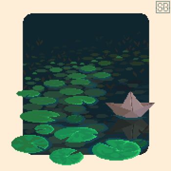 animated animated_gif artist_logo border lily_pad logo looping_animation no_humans original outside_border paper_boat pixel_art reflection reflective_liquid ripples scrunchybean water wetland white_border