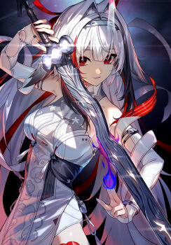 1girl alternate_form armlet bangle blue_fire bracelet china_dress chinese_clothes cloud_print commentary_request dress droopy_ears essual_(layer_world) fire headband highres horns horse_girl jewelry long_hair multicolored_hair qingming_sword red_eyes ribbon see-through_clothes single_horn smile streaked_hair tassel tattoo very_long_hair white_hair ye_shunguang zenless_zone_zero
