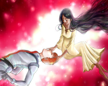 1boy 1girl amuro_ray bad_id bad_pixiv_id barefoot bindi black_hair couple dark_skin dress closed_eyes facial_mark forehead_mark good_end gundam hetero lalah_sune long_hair mobile_suit_gundam pilot_suit very_long_hair yukki_(rffcq251)