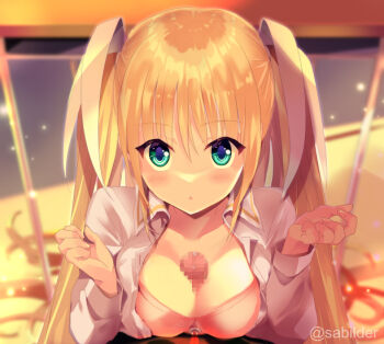 1boy 1girl aqua_eyes blonde_hair blurry blurry_background blush bra breasts censored classroom cleavage commentary_request commission dress_shirt dusk eyes_visible_through_hair hair_between_eyes hair_ribbon hands_up hetero indoors large_breasts light_particles little_busters! long_hair long_sleeves looking_at_viewer mosaic_censoring open_clothes open_shirt paizuri penis pink_bra precum ribbon sabi_(sabilder) shirt sidelighting skeb_commission solo_focus straight_hair tokido_saya twitter_username two_side_up underwear upper_body upturned_eyes variant_set very_long_hair white_ribbon white_shirt