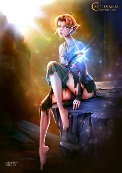 1girl absurdres blonde_hair blood blue_eyes breasts castlevania_(series) castlevania_(netflix) feet highres looking_at_viewer mobius_yang nipples short_hair sitting solo sypha_belnades torn_clothes