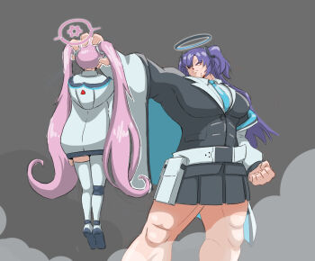 2girls black_halo black_jacket black_skirt blue_archive blue_necktie broly_(dragon_ball_z) clenched_hand collared_shirt commentary covered_abs dragon_ball dragonball_z english_commentary grey_background halo hood hood_down hooded_jacket jacket koyuki_(blue_archive) long_hair manlification miniskirt multiple_girls muscular muscular_female necktie off_shoulder parody pink_halo pleated_skirt purple_hair scene_reference shirt skirt smoke son_goku super_saiyan toriyama_akira_(style) twintails two-sided_fabric two-sided_jacket two_side_up uncleduk very_long_hair white_jacket white_shirt yuuka_(blue_archive)