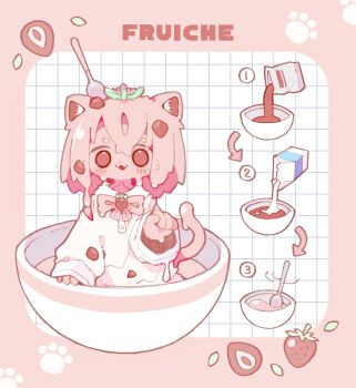 1girl :3 absurdres animal_ear_fluff animal_ears arrow_(symbol) bad_id bad_twitter_id bag bow bowl bowtie brooch buttons cat_ears cat_girl cat_tail colored_skin commentary_request deformed dress dripping food food_name fruit grid_background hand_up highres in_bowl in_container jewelry long_sleeves looking_at_viewer medium_hair milk milk_carton monster_girl motion_lines neck_fur nikamoka no_sclera object_on_head original outside_border parted_lips paw_pose paw_print pink_bow pink_bowtie pink_hair pink_skin pink_tail pouring revision rounded_corners sleeves_past_wrists slime_girl solo spoon strawberry tail wide_sleeves