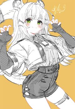 1girl animal_ears blush claw_pose closed_mouth fingerless_gloves gloves green_eyes greyscale_with_colored_background hatching_(texture) highres ichiya_refi jacket ju_fufu linear_hatching long_hair looking_at_viewer orange_background shirt shorts simple_background sketch smile solo spot_color striped_tail tail tiger_ears tiger_girl tiger_tail yellow_background zenless_zone_zero