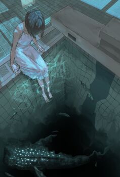 1girl bare_arms bare_shoulders barefoot black_hair collarbone dress fish happy_s_e_t highres medium_hair original pool poolside sitting sleeveless sleeveless_dress white_dress