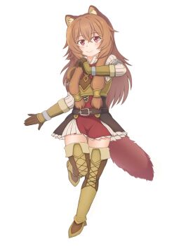 Rule 34 | 1girl, animal ear fluff, animal ears, armor, azoazon, belt, black dress, blush, boots, brown armor, brown belt, brown boots, brown gloves, brown hair, closed mouth, collared dress, commentary request, dress, elbow gloves, full body, gloves, hair tubes, hand up, high collar, layered dress, leather, leather armor, leather boots, leather gloves, leg up, long hair, long sleeves, messy hair, metal arm cuffs, metal hair tubes, metal wrist cuffs, neck ribbon, pauldrons, pinstripe dress, pinstripe pattern, raccoon ears, raccoon girl, raccoon tail, raphtalia, red dress, red eyes, red ribbon, ribbon, short dress, shoulder armor, simple background, single pauldron, sleeveless, sleeveless dress, smile, solo, standing, standing on one leg, tail, tanuki, tate no yuusha no nariagari, thigh boots, thighhighs, two-tone dress, white background, white dress, zettai ryouiki