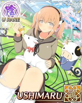 1girl animal animal_on_lap ankle_socks baby_animal baby_bottle black_ribbon border bottle breasts bright_pupils brown_sailor_collar brown_skirt bucket card_(medium) character_name cherry_blossoms closed_mouth cow day falling_petals farm feeding_animal fence game_cg grey_eyes hair_ribbon headphones holding holding_bottle huge_breasts lamb light_blush light_smile looking_at_viewer medium_hair official_art on_lap orange_hair outdoors petals pleated_skirt ribbon sailor_collar school_uniform senran_kagura senran_kagura_new_wave sheep short_twintails sitting_on_fence skindentation skirt socks solo third-party_source tohno_tengu_shinobi_group_uniform twintails ushimaru_(senran_kagura) ushiwakamaru_(senran_kagura) white_pupils white_ribbon white_socks wooden_fence