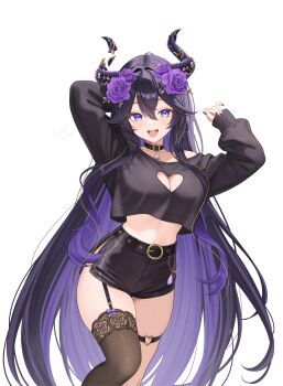 1girl absurdres arm_behind_head arms_up bare_shoulders belt bibixart black_choker black_hair black_shirt black_shorts breasts brown_thighhighs choker cleavage cleavage_cutout clothing_cutout colored_inner_hair crop_top crop_top_overhang flower garter_straps hair_between_eyes hair_flower hair_ornament heart heart_cutout heart_o-ring high-waist_shorts highres horns indie_virtual_youtuber large_breasts long_hair long_sleeves looking_at_viewer midriff multicolored_hair navel o-ring off_shoulder open_mouth purple_eyes purple_hair shirt short_shorts shorts side_slit simple_background single_garter_strap single_thighhigh skindentation smile solo thigh_strap thighhighs thighs two-tone_hair unjaded_(vtuber) very_long_hair virtual_youtuber white_background