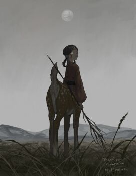 1girl black_hair centauroid closed_mouth commission commissioner_name deer_girl deer_tail facepaint fog from_behind full_moon grass grey_sky hair_rings highres holding holding_stick huyu_pm04 japanese_clothes looking_back monster_girl moon original outdoors sash skeb_commission sky solo stick tail taur thank_you white_eyes