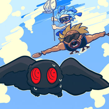 1boy 1girl absurdres blue_dress blue_hair blue_sky brown_hair butterfly_net cirno cloud commentary_request cookie_(touhou) cryptid day dress flying full_body goggles hand_fan hand_net highres holding holding_butterfly_net holding_fan ice ice_wings looking_at_another manatsu_no_yo_no_inmu micha_(cookie) mothman muimui_(4242564muimui) open_mouth outdoors puffy_short_sleeves puffy_sleeves red_eyes shirt short_hair short_sleeves sky smile snot sunglasses takuya_(acceed) touhou white_shirt wings