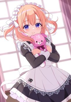 1girl absurdres apron black_dress blush child commentary_request dress eins_9 frilled_dress frilled_hairband frills gochuumon_wa_usagi_desu_ka? hairband highres hoto_cocoa hugging_doll hugging_object indoors long_sleeves looking_at_viewer maid maid_apron orange_hair puffy_sleeves purple_eyes sidelocks smile solo stuffed_animal stuffed_dog stuffed_toy white_apron white_hairband window