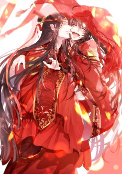 Rule 34 | 2boys, :d, ahoge, alternate costume, black boots, black hair, boots, carrying, chinese clothes, chinese wedding, closed eyes, closed mouth, commentary request, couple, dappled sunlight, hair ribbon, hanfu, headband, highres, honggaitou, hug, husband and husband, kanda faf2, kiss, kissing cheek, lan wangji, long hair, long sleeves, male focus, modao zushi, multiple boys, open mouth, ponytail, princess carry, red hanfu, red headband, red ribbon, red veil, ribbon, ribboned xiao guan, robe, sidelocks, smile, sunlight, tassel, topknot, twitter username, veil, very long hair, watermark, wei wuxian, white background, wide sleeves, xiao guan (headdress), yaoi