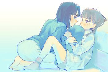 2girls black_hair blue_background blue_eyes blue_sweater blue_theme blunt_bangs blunt_ends blush bob_cut brown_hair brown_shorts brown_socks closed_mouth collared_shirt commentary_request eye_contact full_body gradient_background highres kachimachi_kosuzu kachimachi_kosuzu_(winter_loungewear) link!_like!_love_live! long_sleeves looking_at_another love_live! momose_ginko momose_ginko_(winter_loungewear) multiple_girls on_floor pants pink_eyes pipi_(m1x_mix) reclining ribbed_sweater seiza shirt short_hair shorts sitting socks sweatdrop sweater turtleneck turtleneck_sweater virtual_youtuber white_pants white_shirt yuri