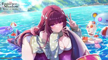 1girl artist_request ball beachball bikini blush breasts brown_hair cleavage closed_mouth cloud copyright_name copyright_notice eta_(kage_no_jitsuryokusha_ni_naritakute!) flower food fruit highres ice_cream inflatable_toy kage_no_jitsuryokusha_ni_naritakute! kage_no_jitsuryokusha_ni_naritakute!_master_of_garden large_breasts long_hair official_art petals petals_on_liquid purple_eyes red_flower red_petals rubber_duck sky smile strawberry sundae swim_ring swimsuit tray tree v wet wet_hair white_bikini