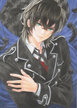 1boy black_hair black_jacket black_ribbon closed_mouth commentary_request crossed_bangs feathers green_eyes hair_between_eyes jacket layered_sleeves long_bangs long_sleeves looking_at_viewer male_focus marker_(medium) meeya neck_ribbon original ribbon shirt short_hair smile traditional_media upper_body white_shirt