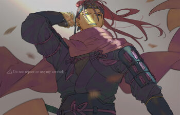 1boy 91007 armor commentary_request fire_emblem fire_emblem:_radiant_dawn fire_emblem_heroes green_eyes japanese_armor long_hair long_scarf male_focus nintendo official_alternate_costume ponytail red_hair scarf shinon_(fire_emblem) shinon_(ninja)_(fire_emblem) solo yellow_scarf