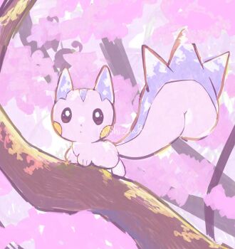 animal_focus commentary full_body gen_4_pokemon highres leaf looking_at_viewer nintendo no_humans on_branch outdoors pachirisu pink_leaf pokemon pokemon_(creature) pokemon_focus shiznar solo tail tree