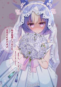 1girl animal_ears blue_hair blush bouquet braid bridal_veil bride cesario_(umamusume) closed_mouth commentary_request crown_braid dress ear_wiggle flower hair_between_eyes highres holding holding_bouquet horse_ears horse_girl looking_at_viewer lpikamasi multicolored_hair purple_eyes smile solo speech_bubble translation_request umamusume veil wedding_dress white_dress white_hair white_veil