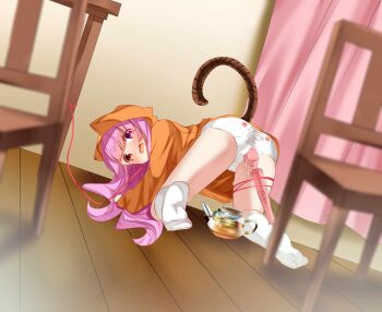 1girl akemithekitten all_fours animal_ears bdsm cat_ears cat_girl cat_tail coffee coffee_pot collar female_focus from_behind full_body highres humiliation leash loli looking_back nekomata panties sex_toy slave solo tail underwear upskirt wand