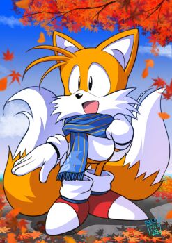 1boy adjusting_scarf animal_ears artist_name autumn autumn_leaves black_eyes blue_scarf blue_sky body_fur classic_tails commentary_request dated falling_leaves fox_boy fox_ears fox_tail fringe_trim full_body furry furry_male gloves hand_up highres judy_totoya leaf male_focus multiple_tails official_artist_extra open_mouth outdoors red_shoes scarf shoes sky smile solo sonic_(series) sonic_the_hedgehog_(classic) standing tail tails_(sonic) tree two_tails white_gloves yellow_fur
