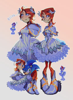 1boy 1girl beehunterkisser blue_eyes boots brown_hair capelet carrying carrying_person collage commentary dress elbow_gloves english_commentary furry furry_male gloves grin hair_ornament hedgehog_boy high_heel_boots high_heels highres looking_at_viewer multiple_views princess_carry princess_elise_the_third smile sonic_(series) sonic_the_hedgehog sonic_the_hedgehog_(2006) white_dress white_gloves wing_hair_ornament