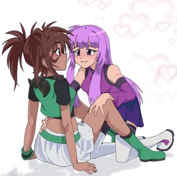 2girls blush boots breasts brown_eyes brown_hair caramella_girls commentary dark-skinned_female dark_skin english_commentary eye_contact highres interracial long_hair looking_at_another medium_breasts medium_hair midriff multiple_girls nadine_(caramella_girls) pleated_skirt ponytail purple_eyes purple_hair simple_background sitting skirt tan thighhighs vera_(caramella_girls) verafan4ever very_long_hair white_background yuri zettai_ryouiki