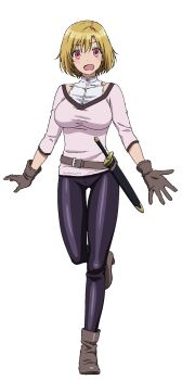 1girl blonde_hair boots breasts frau_(peach_boy_riverside) gloves highres large_breasts pants peach_boy_riverside short_hair simple_background smile tagme tight_clothes tight_pants white_background