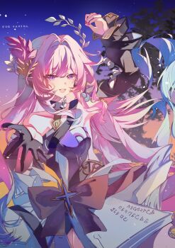 1girl :d absurdres alternate_costume arm_up bare_shoulders black_gloves blue_hair book breasts chinese_commentary collarbone commentary_request cyrene_(honkai:_star_rail) cyrene_(ripples_of_past_reverie)_(honkai:_star_rail) detached_sleeves dress earrings gloves gradient_hair hair_intakes half_gloves highres honkai:_star_rail honkai_(series) jewelry long_hair looking_at_viewer medium_breasts multicolored_hair offering_hand open_book open_mouth pink_eyes pink_hair pointy_ears sidelocks single_detached_sleeve single_half_glove smile solo tears variant_set white_dress zhui_ming_jin_ge