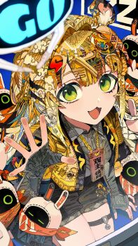 1girl absurdres against_glass animal_ears bangboo_(zenless_zone_zero) black_shorts cat_ears cropped_jacket fang green_eyes hand_on_glass highres jacket ju_fufu looking_at_viewer open_mouth patterned patterned_clothing patterned_hair shorts sitting thigh_strap yadu_nadu yellow_jacket zenless_zone_zero