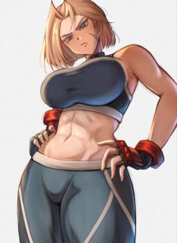 1girl abs antenna_hair black_choker black_sports_bra blue_eyes bob_cut breasts cammy_white choker facial_scar fingerless_gloves gloves grey_pants hands_on_own_hips head_tilt highres large_breasts midriff muscular muscular_female pants ponii scar scar_on_cheek scar_on_face short_hair single_vambrace solo sports_bra standing street_fighter street_fighter_6 thick_thighs thighs vambraces yoga_pants