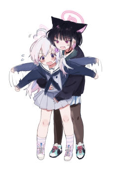 2girls afterimage ahoge anger_vein animal_ears black_choker black_hair black_hoodie black_jacket black_neckerchief black_pantyhose blue_archive blue_hair blunt_bangs blush cat_ears cat_girl choker colored_inner_animal_ears colored_inner_hair commentary_request cross-laced_shoes extra_ears fang fighting flying_sweatdrops full_body grey_shirt grey_skirt hair_behind_ear hair_ornament hairclip halo height_difference highres hood hood_down hoodie hug hug_from_behind jacket kazusa_(blue_archive) kisaka long_hair looking_at_another looking_down miniskirt motion_lines multicolored_hair multiple_girls neckerchief open_clothes open_jacket open_mouth pantyhose pink_hair pink_halo pleated_skirt purple_eyes red_eyes reisa_(blue_archive) sailor_collar shirt shoes simple_background sketch skirt sleeves_past_wrists sneakers standing star_(symbol) star_hair_ornament star_halo streaked_hair tareme tsurime two-tone_hair v-shaped_eyebrows wavy_mouth white_background white_sailor_collar