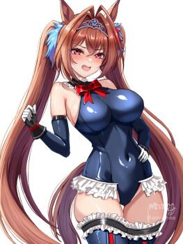 1girl alternate_costume animal_ears antenna_hair bare_shoulders blue_gloves blue_leotard blue_thighhighs blush bow breasts clenched_hand commentary_request cosplay cowboy_shot daiwa_scarlet_(umamusume) dead_or_alive elbow_gloves fang frilled_leotard frilled_thighhighs frills gloves hair_between_eyes hair_bow hair_intakes hair_ornament hand_on_own_hip highleg highleg_leotard highres horse_ears horse_girl horse_tail leotard long_hair marie_rose marie_rose_(cosplay) marie_rose_(devilish_servant_against_the_splashing_waves) mixed-language_commentary open_mouth red_bow red_eyes red_hair revision simple_background solo tail thighhighs tiara tsukiyuki_mike twintails two-tone_gloves umamusume very_long_hair white_background white_gloves