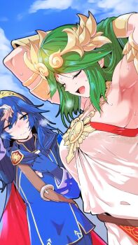 2girls armlet armpits blue_eyes blue_hair blue_sky breasts cloud cloudy_sky crossover dress female_focus fire_emblem fire_emblem_awakening green_hair highres jewelry kid_icarus kid_icarus_uprising large_breasts laurel_crown long_hair looking_at_another lucina_(fire_emblem) multiple_girls necklace nervous nintendo open_mouth palutena pendant shy sky strapless strapless_dress super_smash_bros. sweat tiara torichamaru white_dress