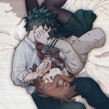 1boy 1girl asymmetrical_hair black_pantyhose boku_no_hero_academia brown_hair collared_shirt couple facial_scar feet_out_of_frame green_hair green_pants green_skirt grey_jacket hand_on_another's_cheek hand_on_another's_face hetero hk_(nt) holding_hands jacket medium_hair midoriya_izuku necktie pants pantyhose parted_lips pleated_skirt red_necktie scar scar_on_cheek scar_on_face school_uniform shirt short_hair sidecut skirt thick_eyebrows u.a._school_uniform undercut uraraka_ochako white_shirt