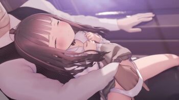 1boy 1girl 3d age_difference animated animated_gif blunt_bangs blush brown_hair closed_eyes custom_udon dot_nose dress fingering fingering_from_behind frilled_dress frilled_sleeves frills loli long_hair long_sleeves looping_animation open_mouth original panties sitting sitting_on_lap sitting_on_person size_difference solo_focus spread_legs tearing_up underwear white_panties