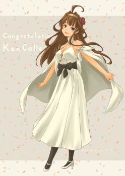 Rule 34 | 1girl, ahoge, black pantyhose, breasts, brown hair, cleavage, cleavage cutout, clothing cutout, commentary request, double bun, dress, full body, gold hairband, hair bun, hairband, high heels, highres, kantai collection, kongou (anniversary) (kancolle), kongou (kancolle), long hair, medium breasts, official alternate costume, pantyhose, pot-de, purple eyes, shoes, solo, white dress, white shoes