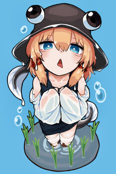 1girl blonde_hair blue_background blue_eyes blue_skirt blue_vest blush brown_hat collarbone commentary_request detached_sleeves hair_ribbon hat highres looking_at_viewer moriya_suwako neritch red_ribbon ribbon ringed_eyes skirt solo tadpole_tail tail tongue tongue_out touhou vest wet white_sleeves wide_sleeves