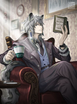 Rule 34 | 1boy, animal ear fluff, animal ears, arknights, armchair, black jacket, black necktie, black pants, blue vest, book, chair, closed mouth, collared shirt, commentary request, crossed legs, cup, drawing (object), feet out of frame, formal clothes, grey eyes, grey hair, grey pants, hair between eyes, highres, holding, holding book, holding cup, holding spoon, indoors, jacket, leeks chives, long hair, long sleeves, looking at viewer, male focus, necktie, open book, open clothes, open jacket, pants, picture frame, pinstripe pattern, saucer, shirt, silverash (arknights), sitting, snow leopard boy, snow leopard ears, snow leopard tail, solo, spoon, steam, striped clothes, striped vest, suit, table, tail, teacup, vest, wallpaper (object), watch, white shirt, wristwatch