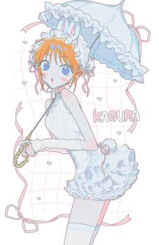 Rule 34 | 1girl, :o, animal ears, arm warmers, bare shoulders, blue eyes, blush stickers, bun cover, character name, chinese clothes, commentary, cropped legs, double bun, dress, frilled dress, frilled umbrella, frills, gintama, grid, grid background, hair bun, hairband, heart, highres, holding, holding umbrella, kagura (gintama), lace-trimmed hairband, lace trim, looking at viewer, m budat1, open mouth, orange hair, pink ribbon, rabbit ears, rabbit tail, ribbon, shirt, short hair, tail, thighhighs, umbrella, untranslatable commentary, white background, white shirt, white thighhighs