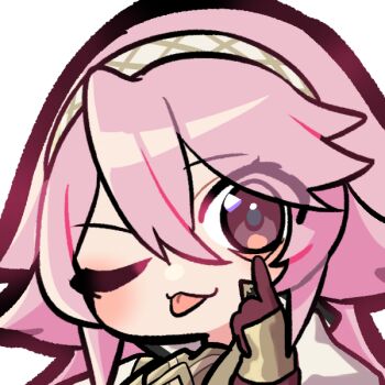 1girl blush brown_eyes chibi commission commissioner_upload emoji eyelid_pull fire_emblem fire_emblem_fates gliesse82_5 hair_between_eyes hairband nintendo one_eye_closed pink_hair soleil_(fire_emblem) solo teasing tongue tongue_out white_hairband
