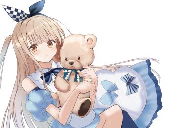 1girl alice's_adventures_in_wonderland alice_(alice_in_wonderland) alice_(alice_in_wonderland)_(cosplay) bad_id bad_pixiv_id bare_shoulders black_hairband black_ribbon blue_bow blue_bowtie bow bow_hairband bowtie brown_eyes brown_hair closed_mouth collared_dress cosplay detached_sleeves dress dress_bow frilled_dress frilled_sleeves frills frown hair_ribbon hairband highres holding holding_stuffed_toy long_hair looking_at_viewer one_side_up otonari_no_tenshi-sama_ni_itsu_no_mani_ka_dame_ningen_ni_sarete_ita_ken puffy_short_sleeves puffy_sleeves ribbon saint_laurent_paris shiina_mahiru_(otonari_no_tenshi-sama) short_sleeves sidelocks solo striped_bow stuffed_animal stuffed_toy teddy_bear very_long_hair white_background white_dress