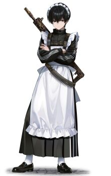 1boy absurdres apron black_dress black_eyes black_hair black_shoes closed_mouth commentary crossdressing crossdressing_(mtf) crossed_arms dress frilled_apron frills full_body gun hair_between_eyes highres long_sleeves looking_at_viewer maid maid_headdress male_focus male_maid onmoynn original shoes short_hair simple_background socks solo standing weapon weapon_on_back white_apron white_background white_socks