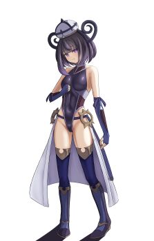 Rule 34 | 1girl, absurdres, alternate costume, bare shoulders, black hair, blunt bangs, bob cut, boots, breasts, clenched hand, covered navel, elbow gloves, fingerless gloves, full body, gloves, gradient hair, gwynn (pokemon), hat, highres, impossible clothes, impossible leotard, knee boots, leotard, looking at viewer, multicolored hair, nintendo, pokemon, pokemon legends: z-a, purple eyes, purple gloves, purple hair, purple thighhighs, short hair, small breasts, solo, standing, taimanin suit, thighhighs, wato (watto1005), white background