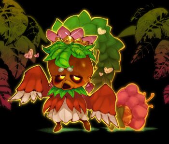 Rule 34 | 1girl, arms up, black background, blush, commentary, crown, deku princess, dress, earrings, english commentary, glowing, glowing eyes, green hair, hair ornament, heart, highres, hikimayu, jewelry, leaf, leaf clothing, long sleeves, looking at viewer, monster girl, nintendo, onimiere, outline, petals, piercing, plant, plant girl, plant hair, ponytail, red dress, sleeves past fingers, sleeves past wrists, solo, sparkle, standing, the legend of zelda, the legend of zelda: majora's mask, tree, yellow eyes, yellow outline