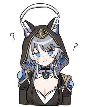 1girl :3 ? animal_ears animal_hood blue_eyes bow braid breasts cat_ears cat_girl choker cipher_(honkai:_star_rail) cleavage coin commentary_request grey_hair hair_bow haruo_(haruooimo) head_tilt headphones highres honkai:_star_rail honkai_(series) hood leotard medium_breasts mole upper_body white_background white_streaks