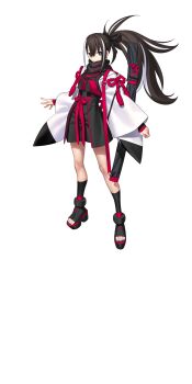 1girl black_ribbon black_scarf black_shoes black_shorts black_socks brown_eyes brown_hair fate/grand_order fate_(series) full_body hair_ribbon haori highres japanese_clothes kawakami_gensai_(fate) kawakami_gensai_(first_ascension)_(fate) large_variant_set long_hair looking_at_viewer multicolored_hair official_art ponytail red_ribbon ribbon scarf shirt shoes shorts socks solo standing streaked_hair sword tachi-e takeuchi_takashi third-party_source transparent_background two-tone_hair variant_set weapon white_hair white_haori