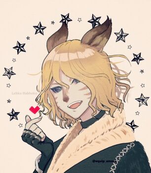 Rule 34 | 1boy, :d, animal ears, aqua eyes, black gloves, blonde hair, cat boy, cat ears, character name, equip ammo, facial mark, fang, final fantasy, final fantasy xi, finger heart, fingerless gloves, fur trim, gloves, hair between eyes, lehko habhoka, male focus, mithra (ff11), open mouth, portrait, short hair, smile, solo, star (symbol), star symbol background, twitter username, whisker markings