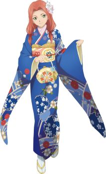 1girl artist_request blue_kimono closed_mouth eleanor_hume flower full_body game_cg green_eyes hair_flower hair_ornament highres japanese_clothes kimono looking_at_viewer official_art pink_hair smile solo tales_of_(series) tales_of_asteria tales_of_berseria third-party_source transparent_background