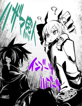 1boy 1girl chibi digimon digimon_(creature) digimon_card_game digimon_liberator drill_hair fukunari_kanchi highres hood hood_down hoodie kazama_shoto muchomon oversized_footwear partially_colored pun short_hair sound_effects twin_drills violet_inboots